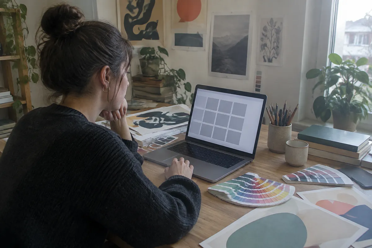 a graphic designer's desk with printed artwork, colour swatches and a laptop showing a broken image grid