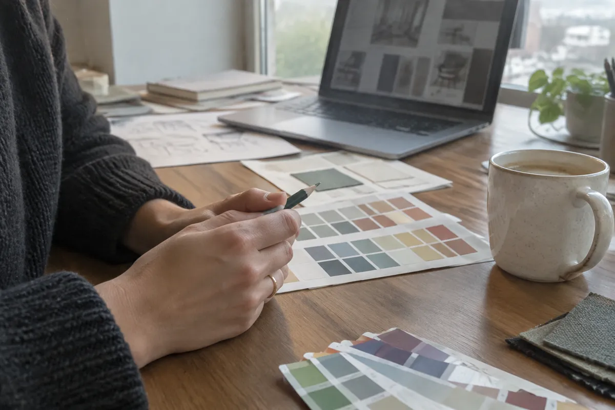 a laptop showing a grid of grey empty squares next to printed packaging mockups
