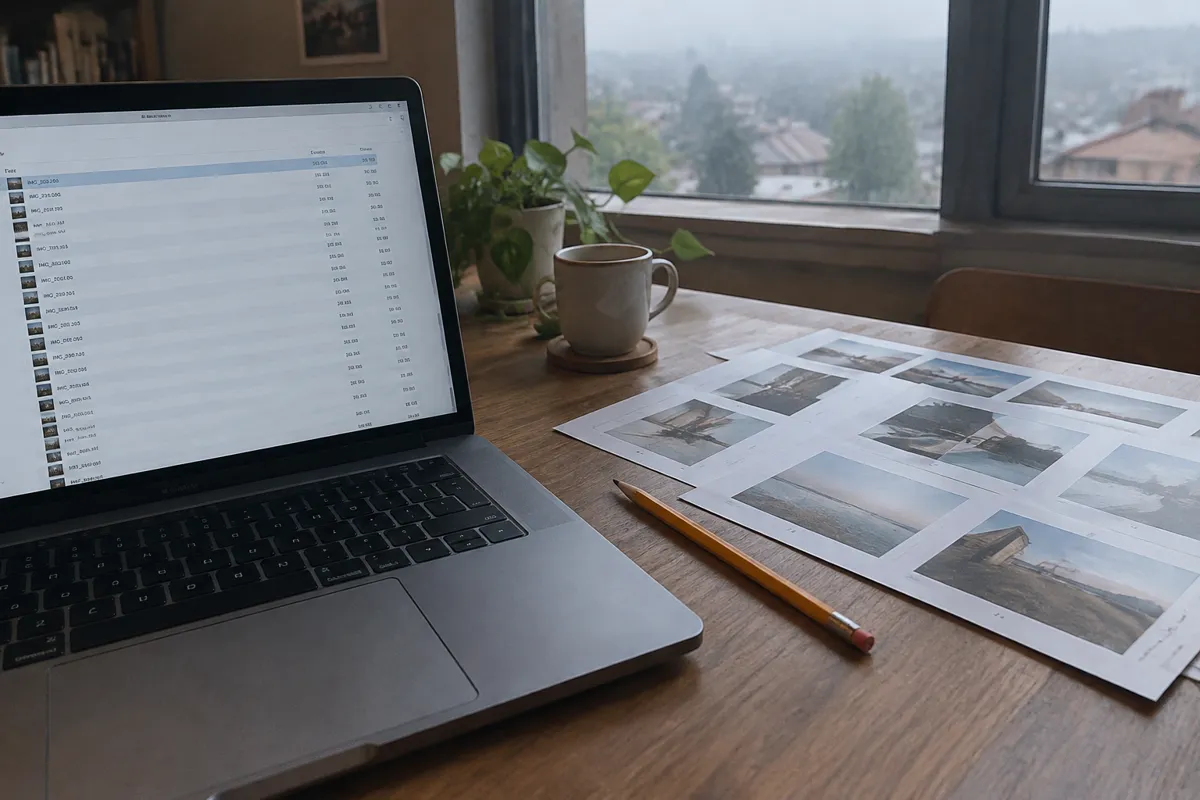 a designer's desk with swatch books, a pencil and a mug, morning light