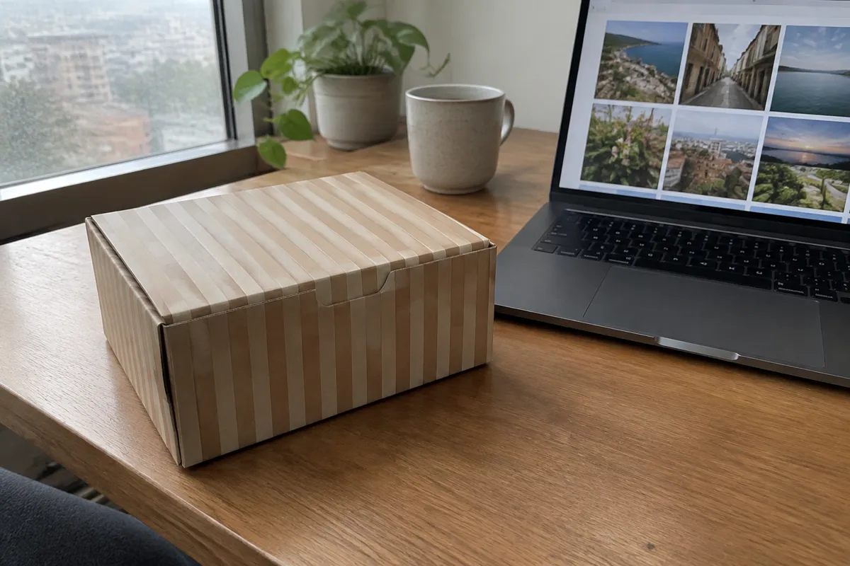 a finished bakery packaging mockup on a desk beside a laptop with a full image gallery