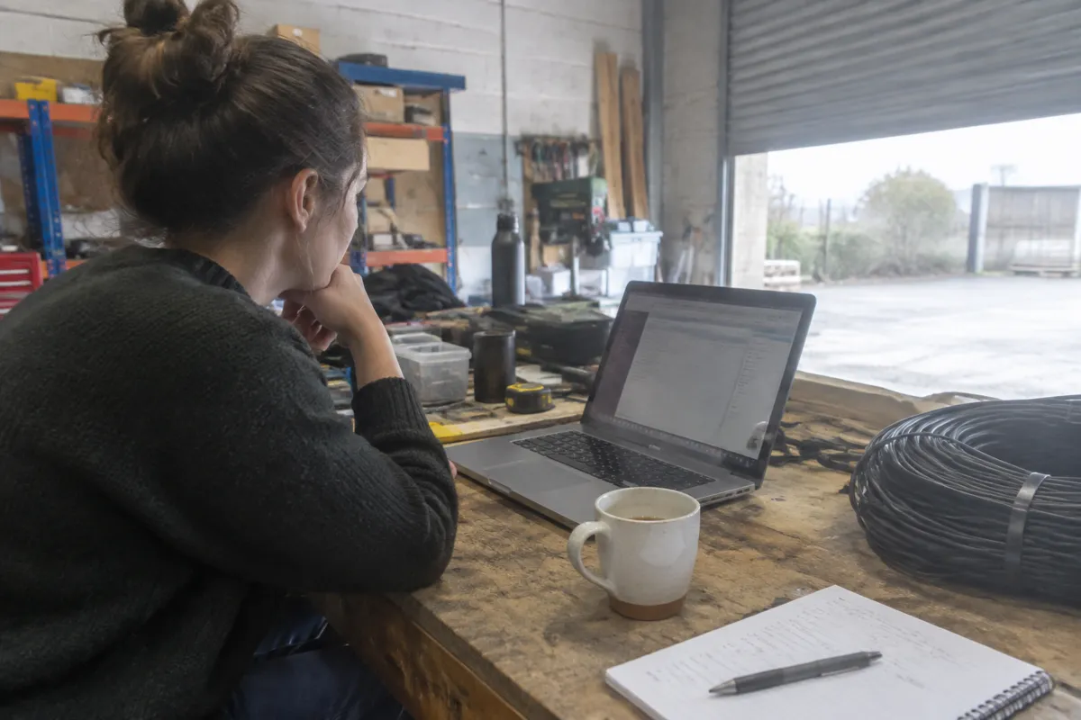 a laptop on a workshop bench next to a coil of cable and a mug of tea