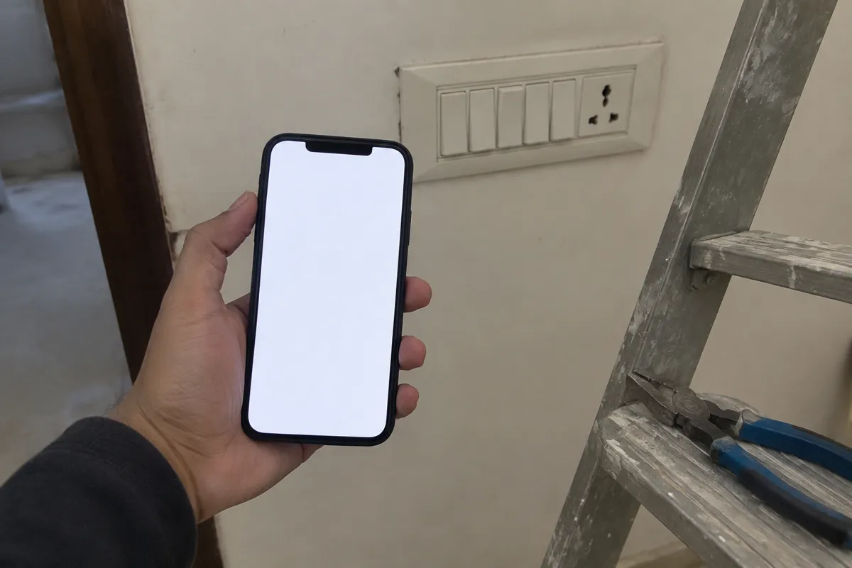 a tradie's hand holding a phone with a blank white page beside a notepad of crossed-out ideas