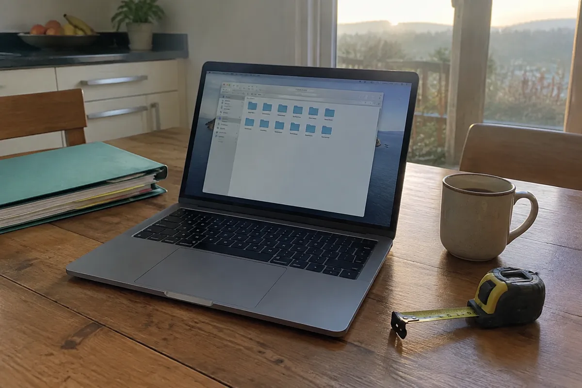 a neat folder of dated backup files on a laptop beside a tape measure