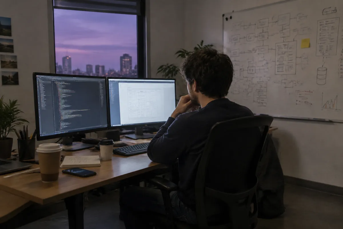 a client's startup office with two monitors, a whiteboard of arrows and a late evening sky outside the window