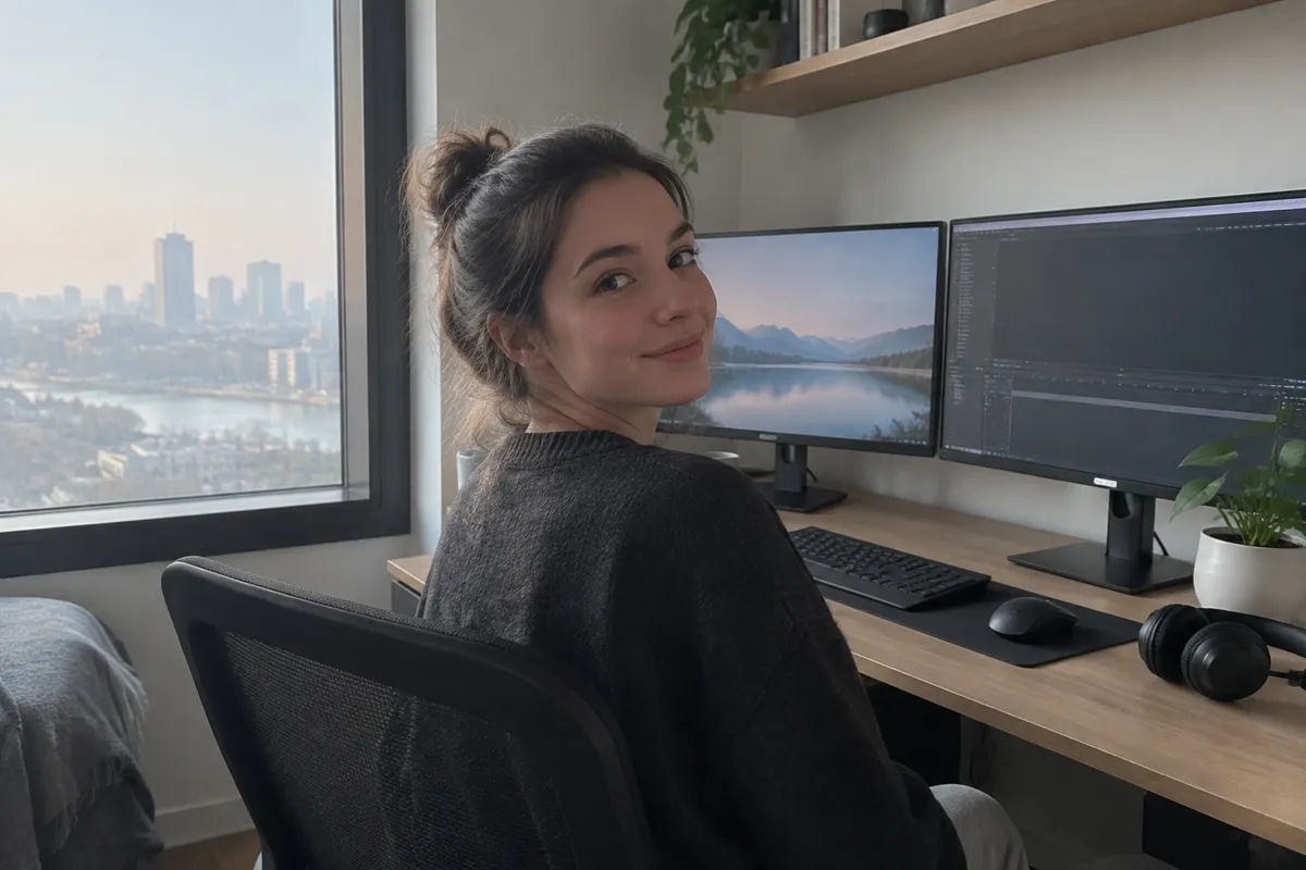two monitors on a tidy desk with a plant and headphones, calm morning light