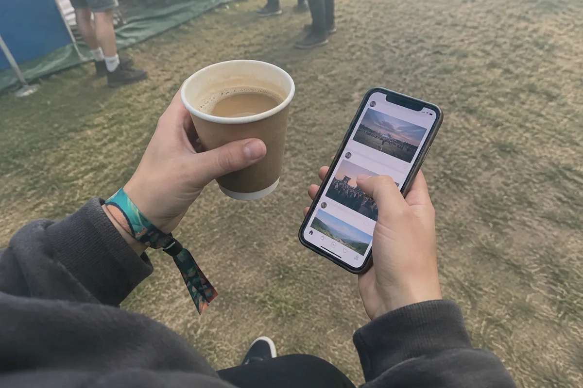 a close view of a hand holding a phone with a scrolling social feed beside a cup of coffee