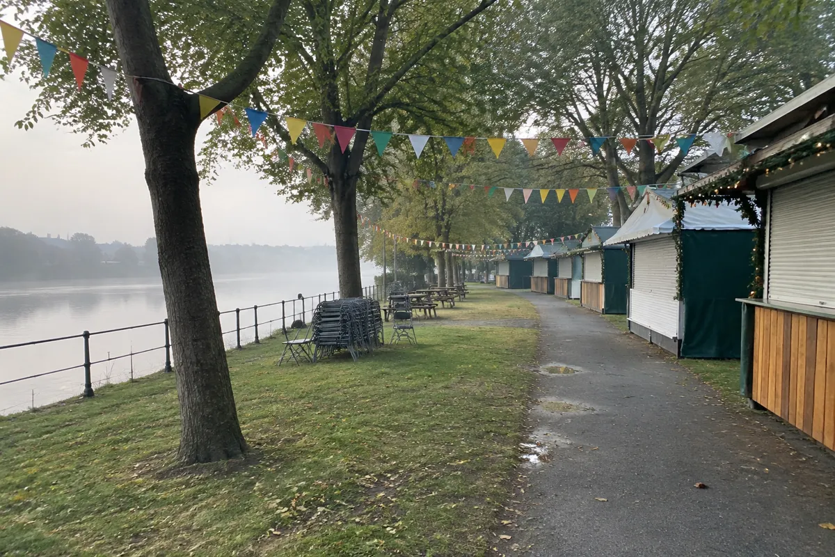 a river bank with festival bunting and empty stalls in soft morning light