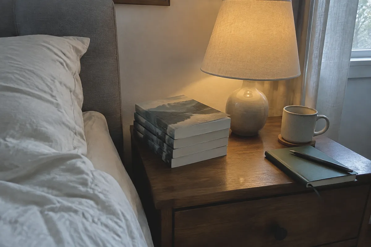 an author's desk with a stack of proof copies, a laptop and a phone full of notifications