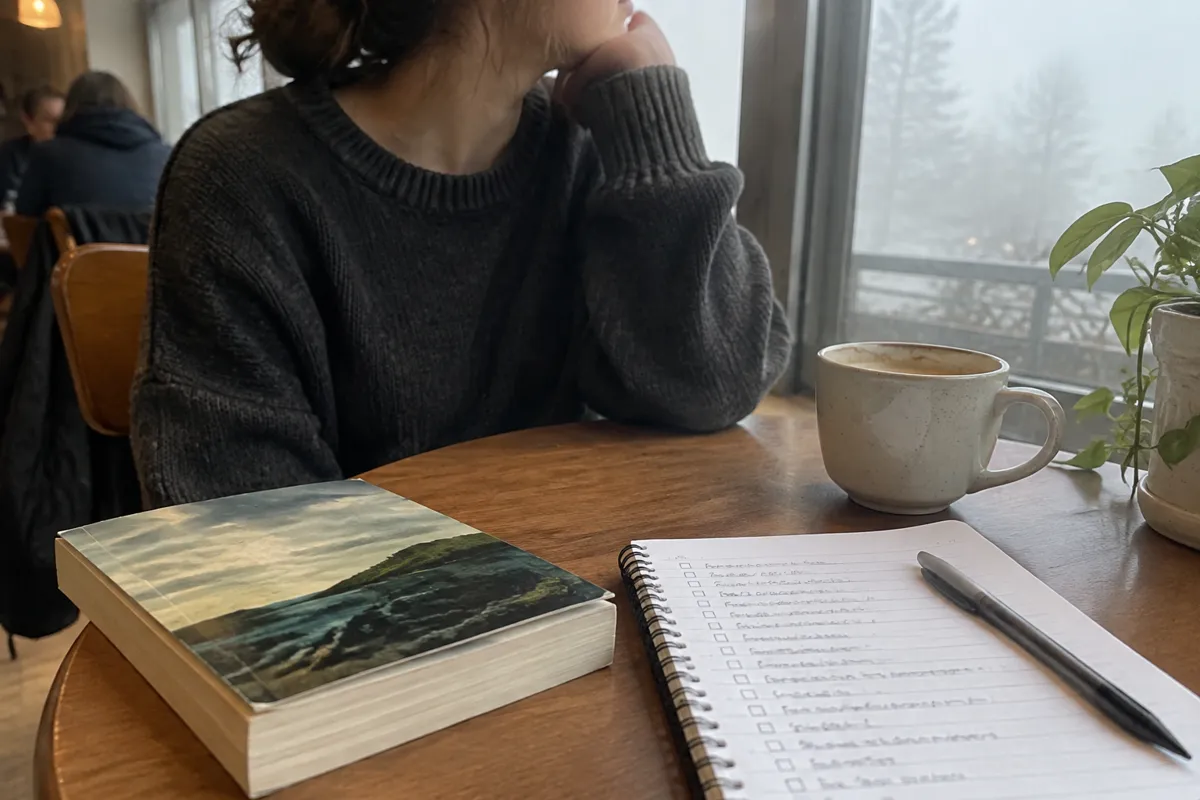 a paperback novel on a cafe table beside a notebook with a handwritten launch checklist