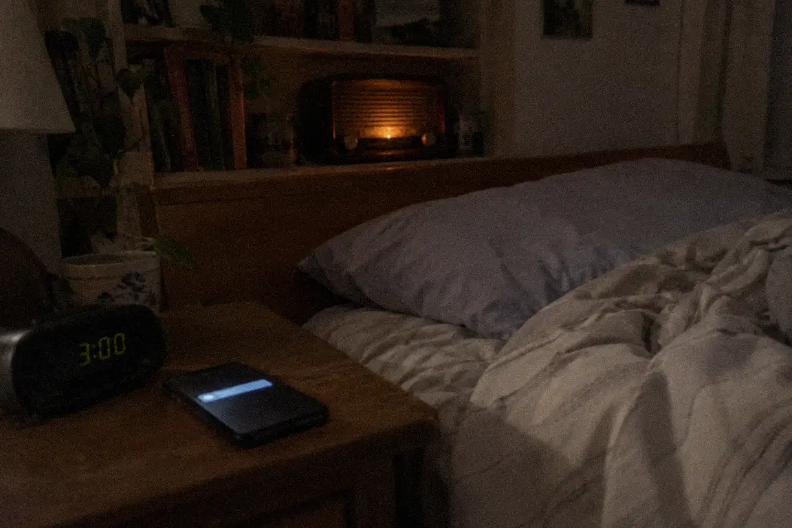 a man at a desk in a spare room looking at a laptop, a shelf of books behind him