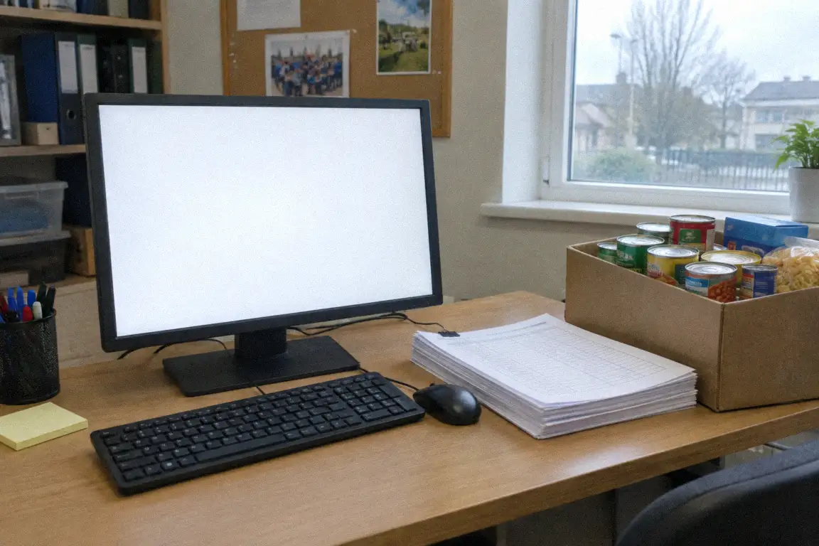 a laptop on a shared desk in a small community office, with a kettle and mugs in the background