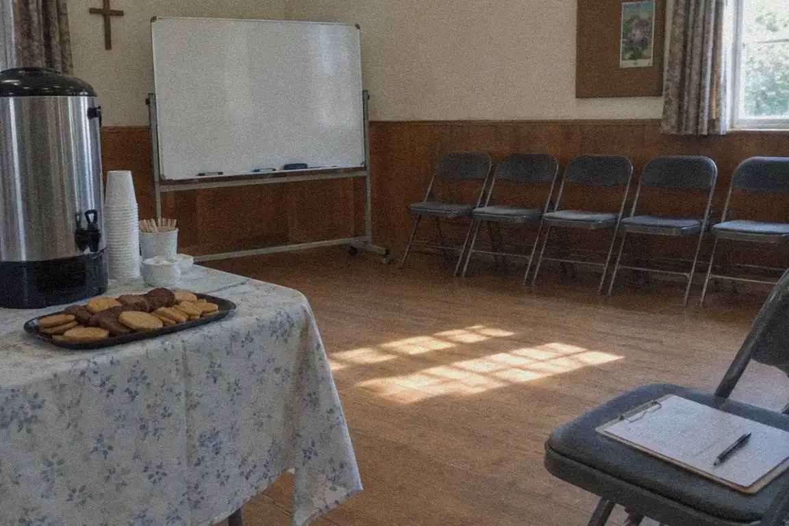 volunteers gathering for the Monday briefing in a community hall