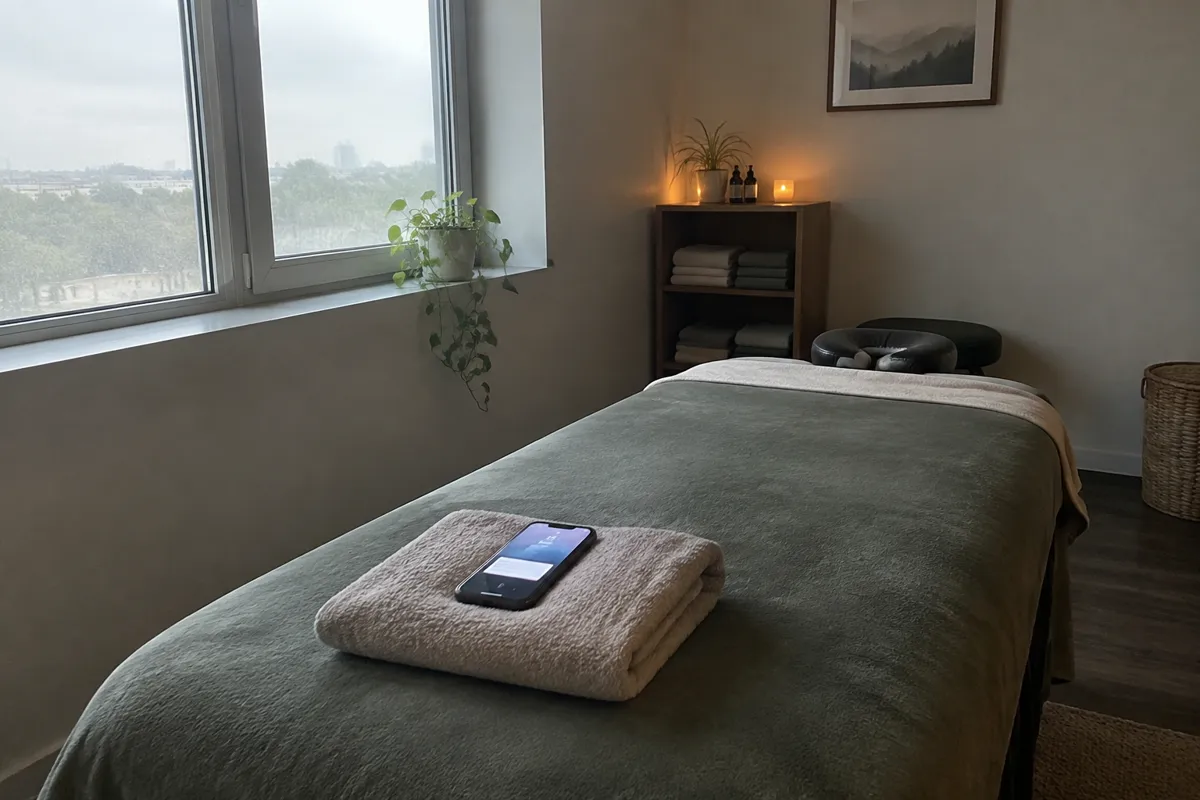 a clinic reception desk with a laptop, appointment book and small plant in warm daylight