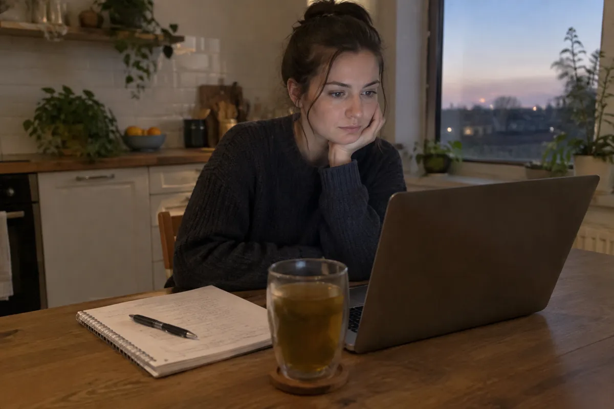 a laptop at a kitchen table with an email setup screen and a notepad of settings