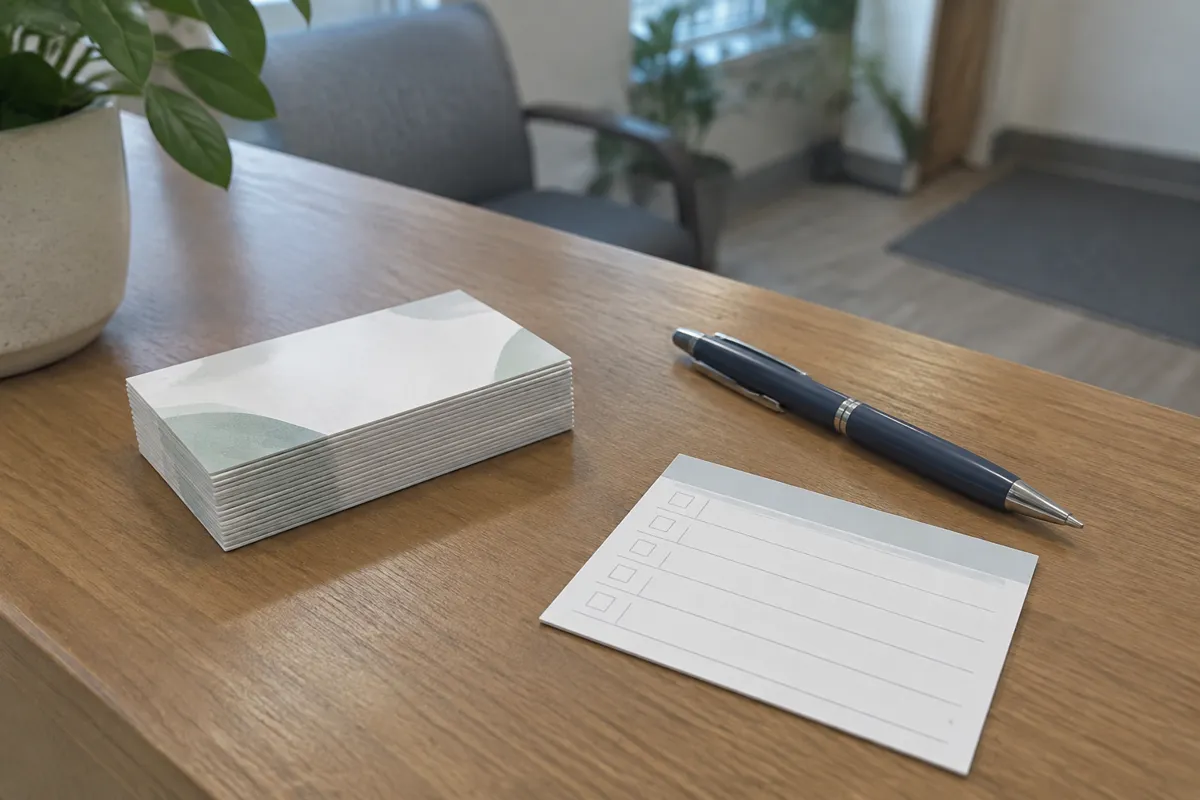 a physiotherapist standing at a reception window handing over a business card