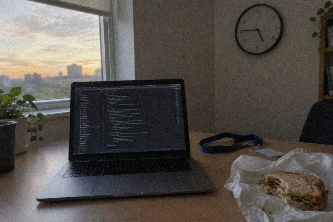 a laptop with code on the screen and a mug on a shared-office desk