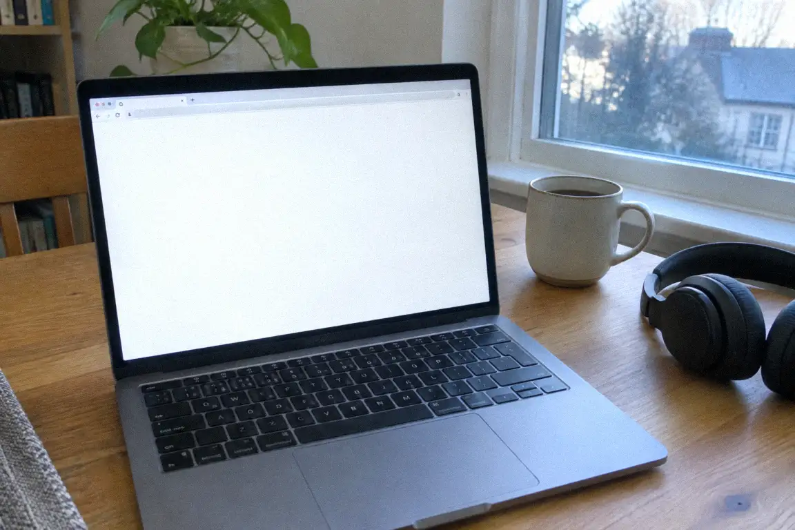 a laptop with a dark code editor and a coffee cup in a slightly messy office, soft light