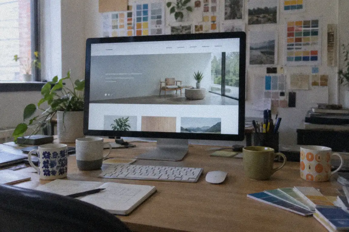 a phone lying on a desk beside a laptop in a small design studio