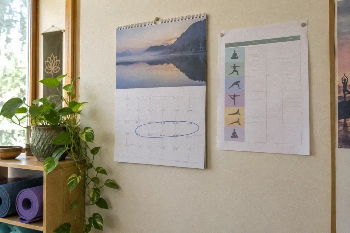 a laptop and a cup of tea on a small reception desk in my client's yoga studio, soft afternoon light