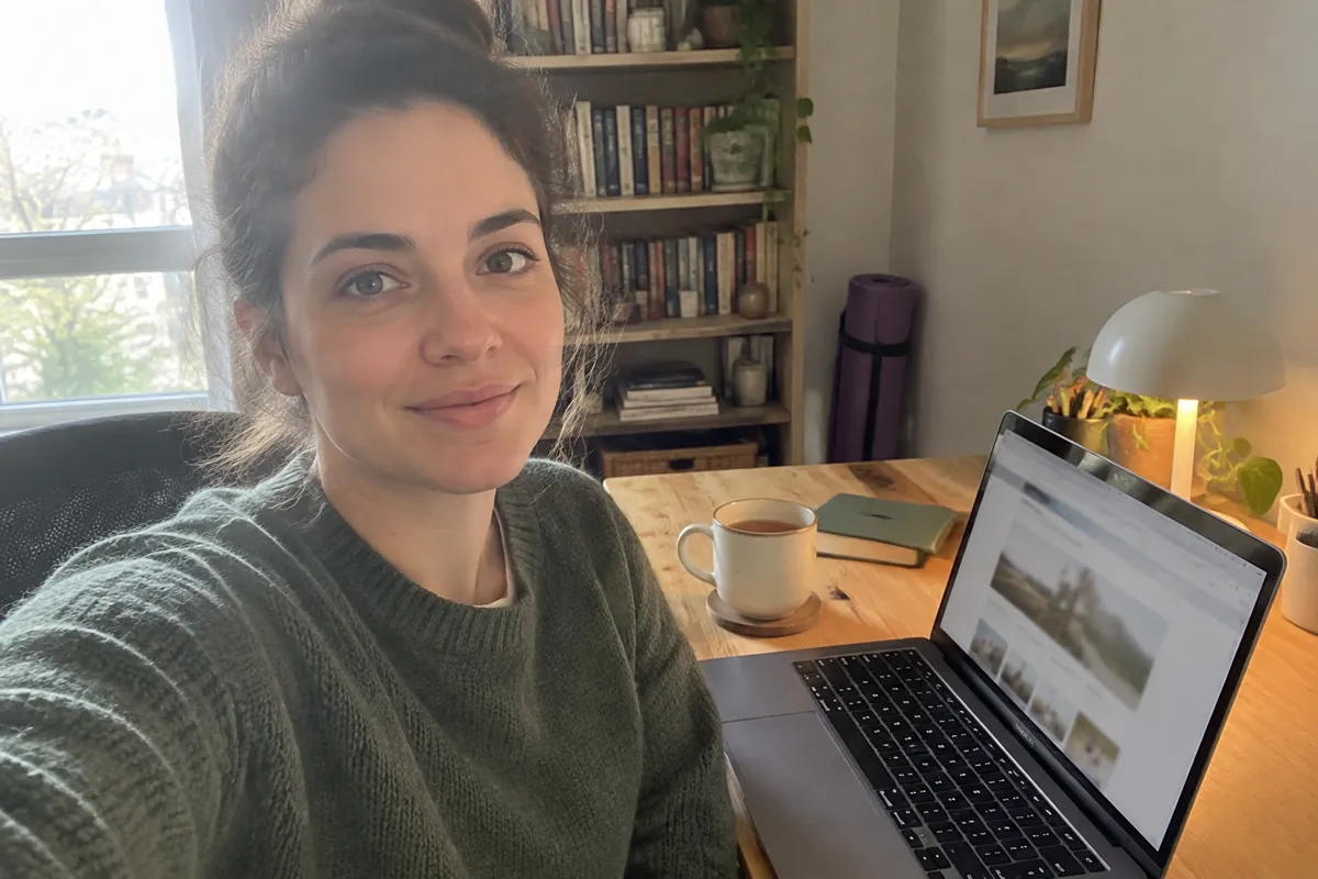 a home office desk with a laptop and a notepad listing website tools beside a mug of tea