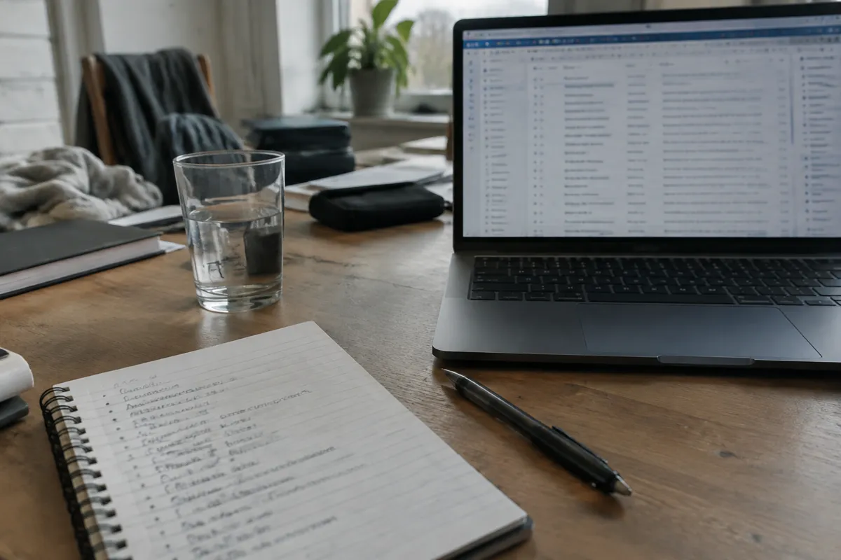 a home office desk with a laptop and a mug of tea in soft light